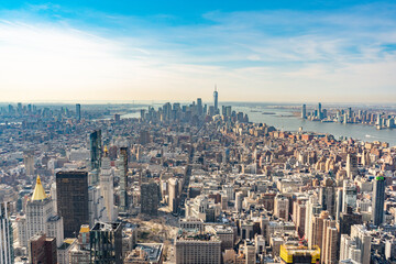Manhattan downtown skyline from the Empire State Building in a Sunny day
