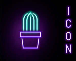 Glowing neon line Cactus and succulent in pot icon isolated on black background. Plant growing in a pot. Potted plant sign. Colorful outline concept. Vector.