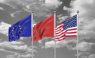 Three realistic flags. Three colored silky flags in the wind: USA (United States of America), EU (European Union) and Morocco. 3D illustration.