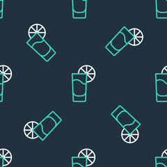 Line Tequila glass with lemon icon isolated seamless pattern on black background. Mexican alcohol drink. Vector.