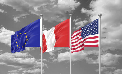 Three realistic flags. Three colored silky flags in the wind: USA (United States of America), EU (European Union) and Peru. 3D illustration.