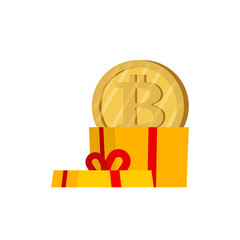 Bitcoin gift. Gift box and cryptocurrency. Digital gift of 21st century