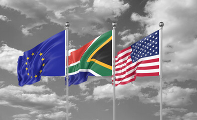Three realistic flags. Three colored silky flags in the wind: USA (United States of America), EU (European Union) and South Africa. 3D illustration.