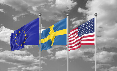 Three realistic flags. Three colored silky flags in the wind: USA (United States of America), EU (European Union) and Sweden. 3D illustration.