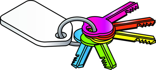 Five multicolored keys on key ring with a white tag.