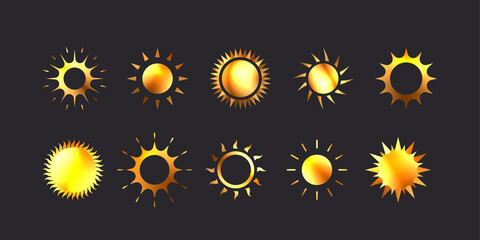 Golden suns icons collection. Vector set illustration