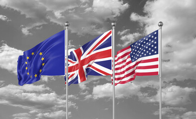 Three realistic flags. Three colored silky flags in the wind: USA (United States of America), EU (European Union) and United Kingdom. 3D illustration.