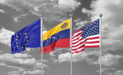 Three realistic flags. Three colored silky flags in the wind: USA (United States of America), EU (European Union) and Venezuela. 3D illustration.
