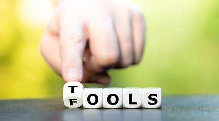 Tools for fools. Dice show the words tools and fools.