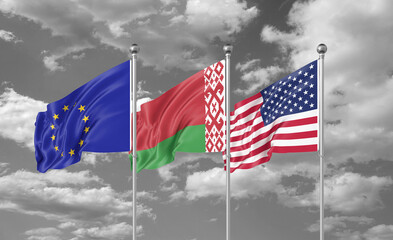 Three realistic flags. Three colored silky flags in the wind: USA (United States of America), EU (European Union) and Belorussia. 3D illustration.