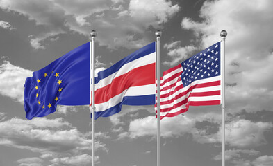 Three realistic flags. Three colored silky flags in the wind: USA (United States of America), EU (European Union) and Costa Rica. 3D illustration.