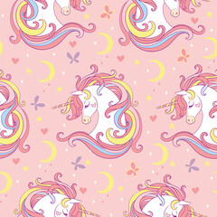 Magic seamless pattern with unicorn, moon, stars and butterflies isolated on pink background. Vector illustration for party, print, baby shower, wallpaper, design, decor,design cushion, linen, dishes