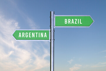 Sign indicating the direction of the borders between two countries  ARGENTINA,BRAZIL,  3d render.