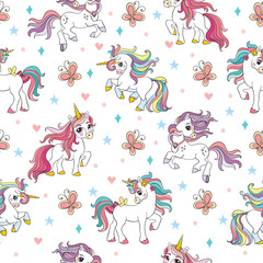 Vector seamless pattern with cute unicorns with colorful manes isolated on white background. Illustration for party, print, baby shower, wallpaper, design, decor,design cushion, linen, dishes.