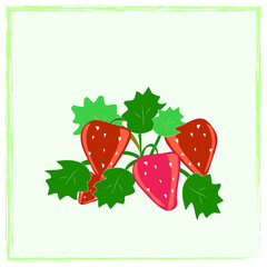 Red strawberry and leaves - hand drawn cartoon color illustration.