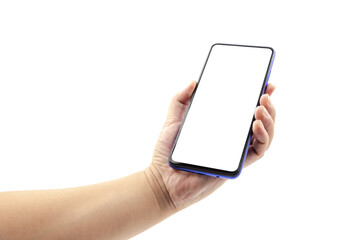 One hand is holding a black-rimmed smart blank phone
