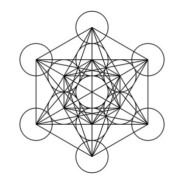 Metatrons Cube, a mystical symbol, derived from the Flower of Life. All thirteen circles are connected with straight lines. Sacred Geometry. Black lines over white background. Illustration. Vector.