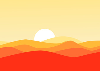 Vector illustration of desert. Dunes, sand and sunset. Orange composition. Wilderness image.