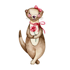Cartoon cute otter wishes Happy Valentine's Day. Watercolor hand drawn illustration isolated on white background. Postcard for him, birthday, valentine, animals.