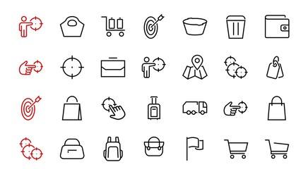 Simple set of bags, shopping and travel icons. Vector illustration Contains icons such as Card, wallet, shopping basket, discount, bowl, package. On a white background, editable stroke