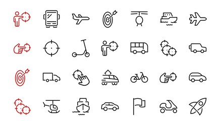 Set of public transport related vector line icons. Contains icons such as bus, bike, suitcase, car, scooter, truck, transport, trolley bus, sailboat, motor boat, plane and much more. Editable stroke