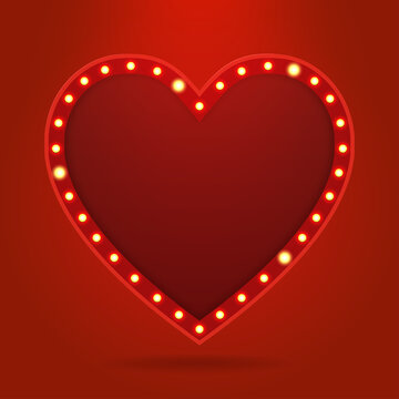 Retro light bulb or light vintage signboard heart shape on red background. Happy valentines day. Vector illustration