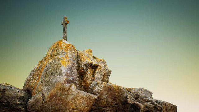 stone cross on the rock Beg Ar Groas