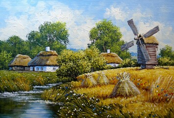Oil paintings rural landscape, old village, windmill in the country © yaroslavartist