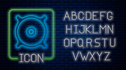 Glowing neon Car audio speaker icon isolated on brick wall background. Neon light alphabet. Vector.
