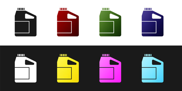 Set Canister for motor machine oil icon isolated on black and white background. Oil gallon. Oil change service and repair. Engine oil sign. Vector.