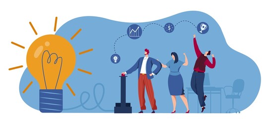 Business growth strategy, idea concept vector illustration. Businesspeople with light bulb as metaphor of solution, success. Innovation for businessman teamwork. Marketing and analysis.