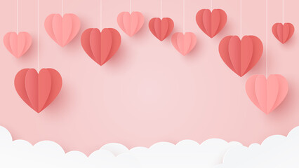 Valentines day banner. Red heart paper craft on pink background. Greeting card. Paper cut and craft style illustration