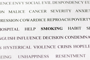 A set of words related to smoking. Bad habits of a person, for social advertising