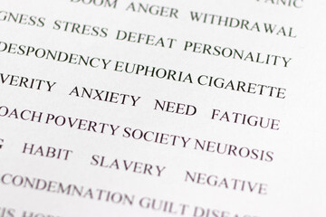 A set of words related to anxiety, worry, stress