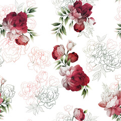 Fototapeta premium Seamless floral pattern with peony flowers on summer background, watercolor illustration. Template design for textiles, interior, clothes, wallpaper