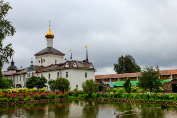 Church of St. Nicholas the Wonderworker and garden pond in Tolga convent in Yaroslavl, Russia