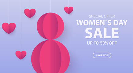 Vector banner discount for March 8. International Women's Day. Number 8 made of paper. Can be used in brochures, advertisements, banners. Sale background. EPS 10.