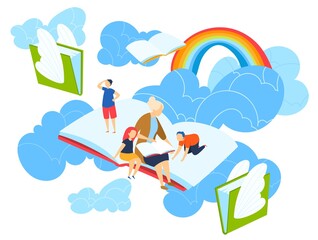 Kids imagine magic world vector illustration. Mother reading story to children, happy family, fairy tale. Kids imagination, child imagine himself in sky story and rainbow. Bedtime book reading.