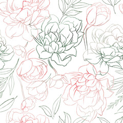 Seamless floral pattern with peony flowers on summer background, watercolor illustration. Line art. Template design for textiles, interior, clothes, wallpaper