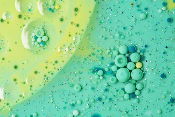 Abstract blue background of various color bubbles, macro composition
