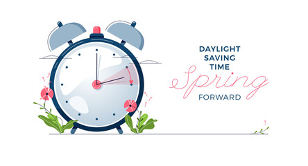 Daylight Saving Time banner. The clocks moves forward one hour. Floral decoration with pink flowers. Spring clock changes concept for web, emailing. Modern flat design, cartoon vector illustration - 405519592