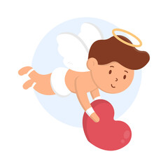 Valentine's Day. A boy cupid with a halo above his head flies with a huge love heart in his hands, which belongs to the lover. Can be used on postcards, websites, web banners.