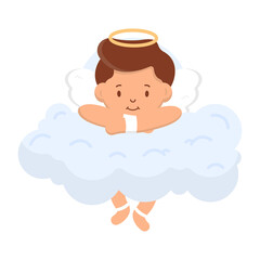 Valentine's Day. A boy Cupid with a halo over his head lies on a cloud. Can be used on postcards, websites, web banners.