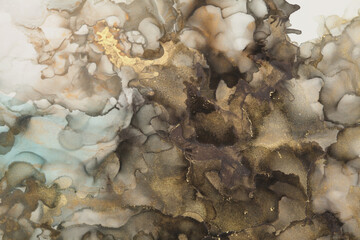 Abstract brown and gold glitter color horizontal watercolor background. Marble texture. Alcohol ink.
