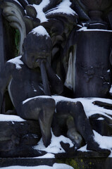 Tombstones and graves, family crypts and vaults on graveyard or cemetery with angels, saints and...