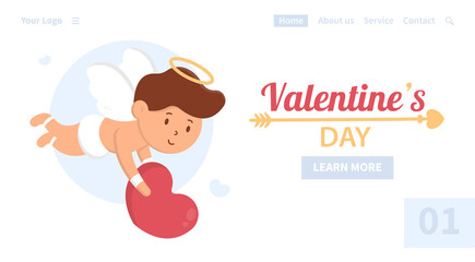 Vector concept of the first page of the site. Valentine's Day. A boy cupid with a halo above his head flies with a huge love heart in his hands, which belongs to the lover.