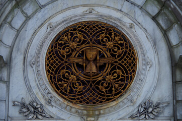 Tombstones and graves, family crypts and vaults on graveyard or cemetery with angels, saints and...