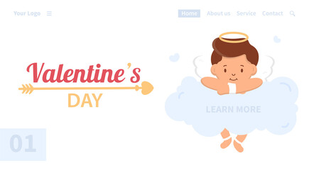 Vector concept of the first page of the site. Valentine's Day. A boy Cupid with a halo over his head lies on a cloud and looks at the text that needs to be clicked.