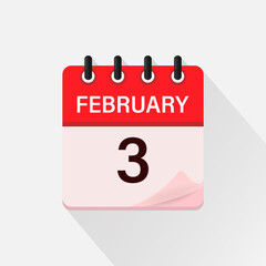 February 3, Calendar icon with shadow. Day, month. Flat vector illustration.