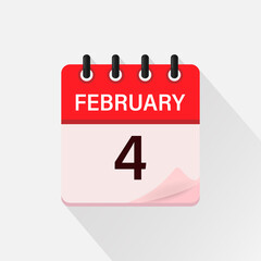February 4, Calendar icon with shadow. Day, month. Flat vector illustration.